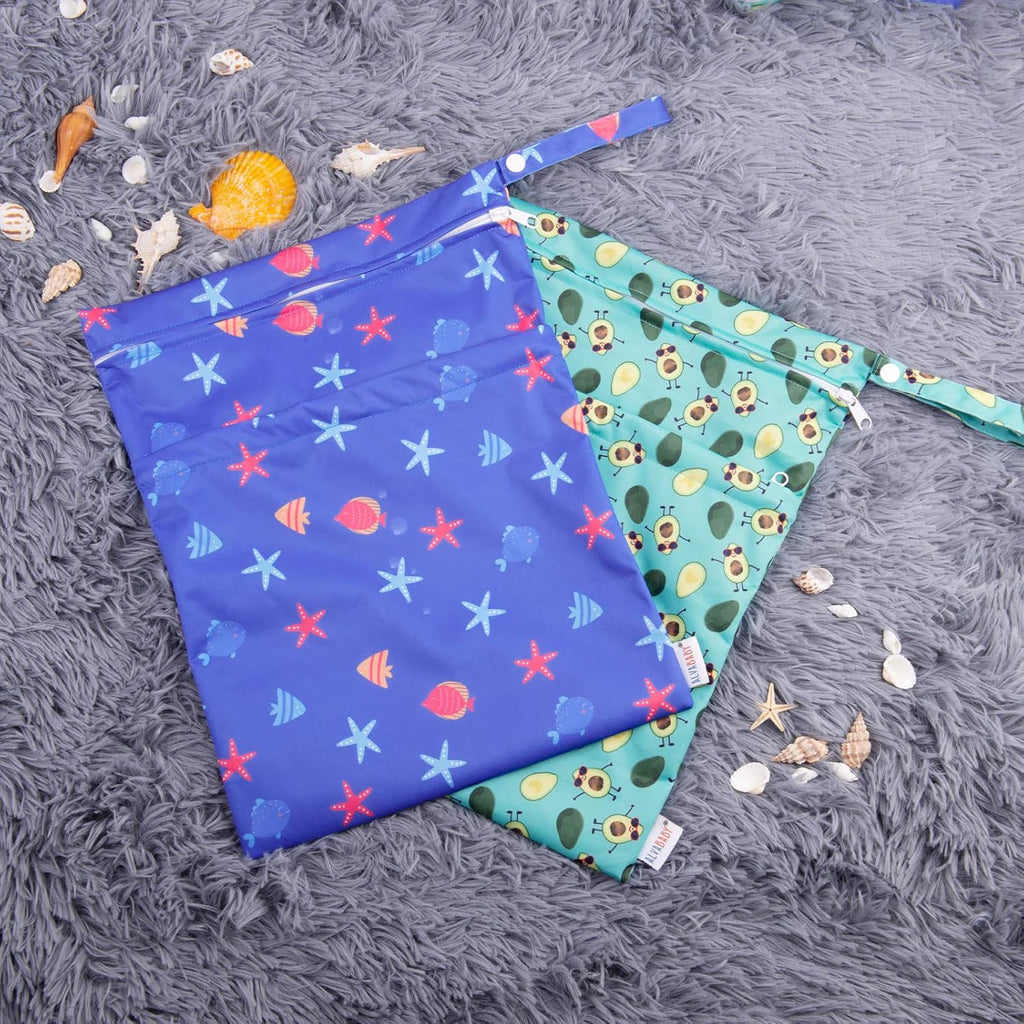 BABY 2Pcs Cloth Diaper Wet Dry Bags Waterproof Reusable with Two Zippered Pockets Travel Beach Pool Daycare Soiled Baby Items Yoga Gym Bag for Swimsuits or Wet Clothes LZX4344