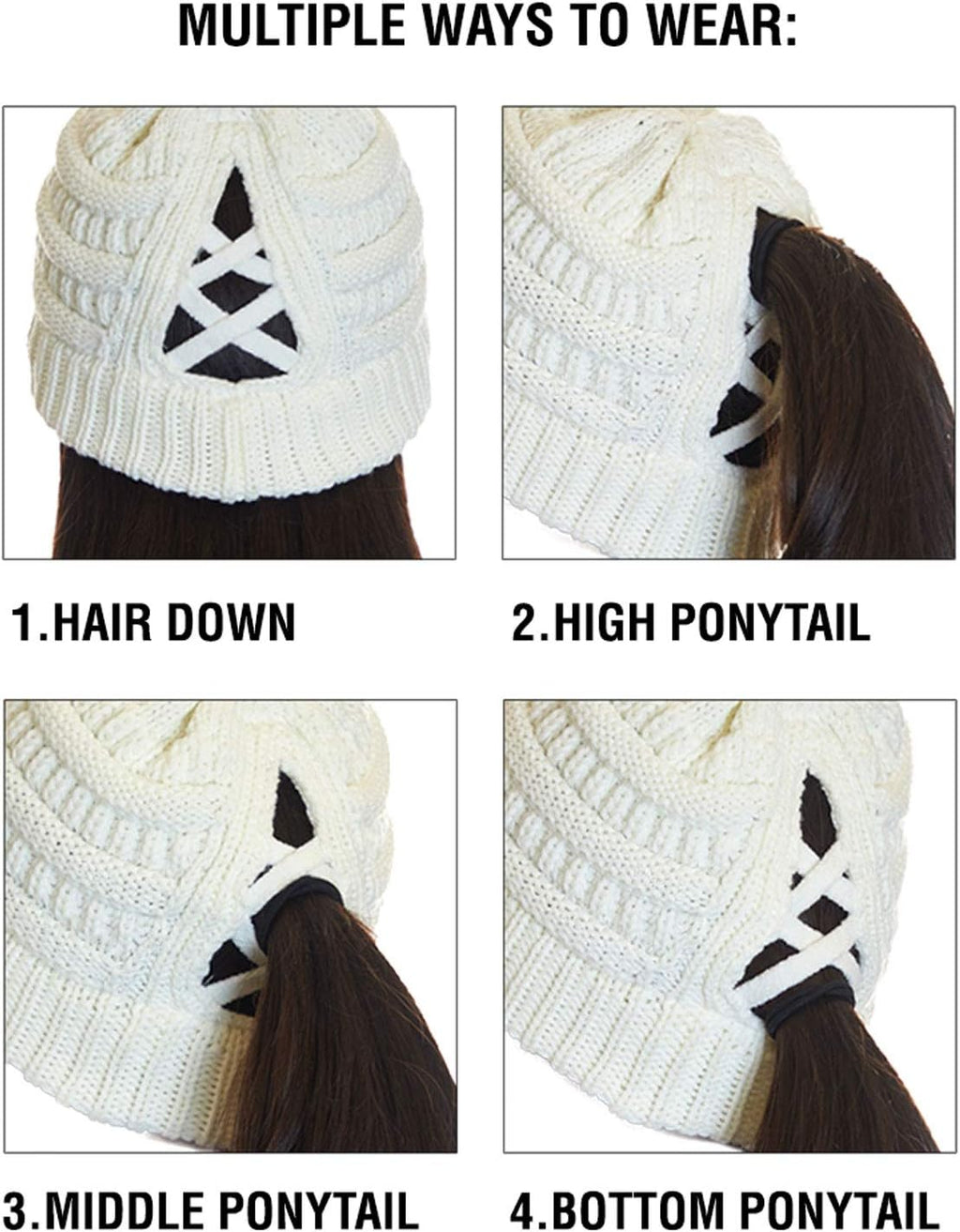 Exclusives Soft Stretch Cable Knit Messy Bun Ponytail Beanie Winter Hat for Women (MB-20A)(CCB-1)