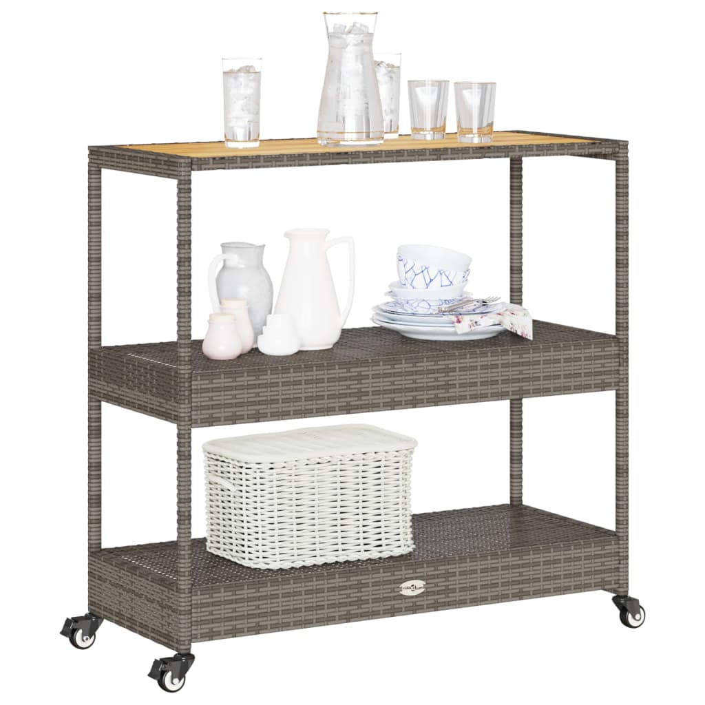 vidaXL Bar Cart 3-Tier Drink Trolley Kitchen Poly Rattan and Solid Wood Acacia