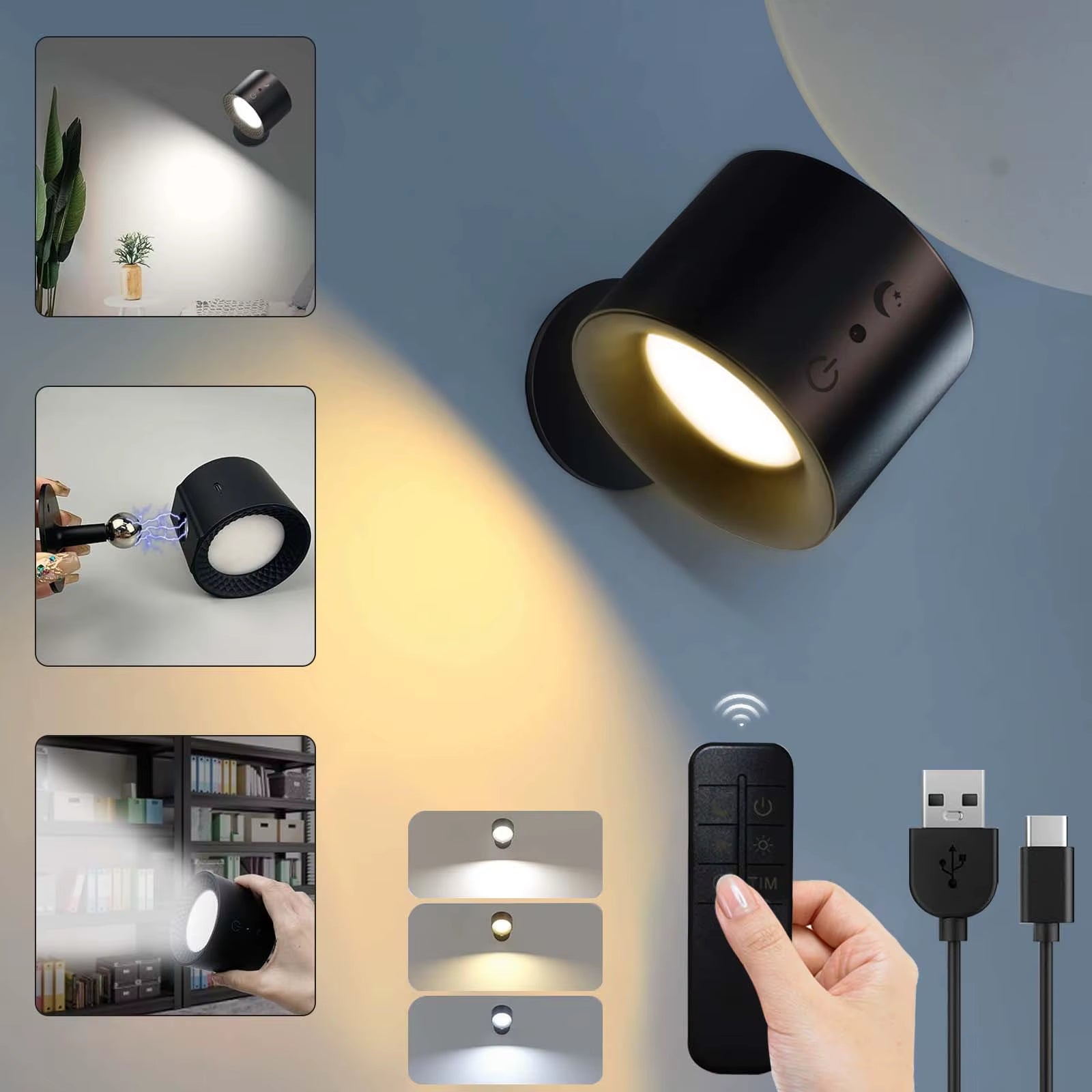GlowFlex Touch Wall Lamp – Dual Head LED Light with Remote, 360° Rotation & USB Rechargeable Design
