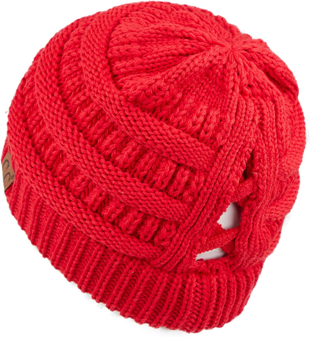 Exclusives Soft Stretch Cable Knit Messy Bun Ponytail Beanie Winter Hat for Women (MB-20A)(CCB-1)